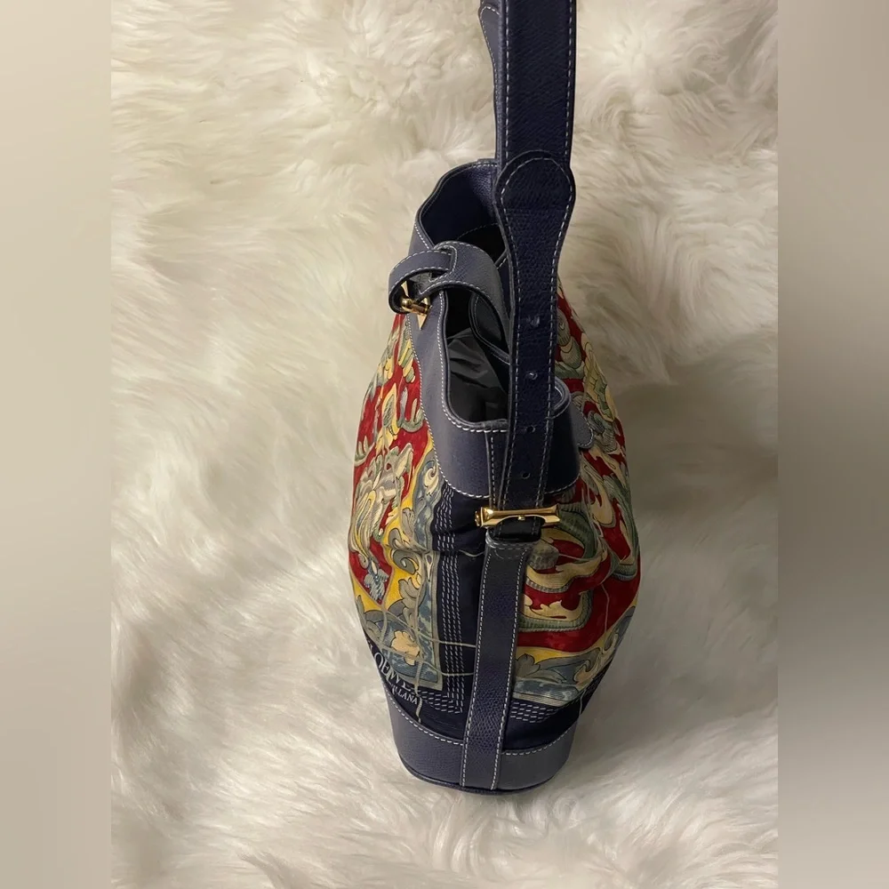 🧁🍯LOEWE Ceramica Sevillana Print Canvas Bag w/Blue Leather Trim - Picture 3 of 13
